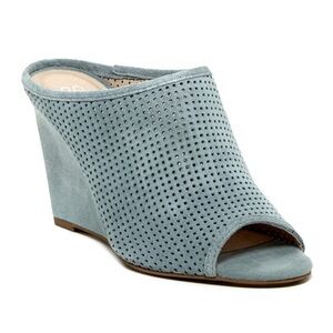 Anthropologie Seychelles Baby Blue Perforated Wedge Slip On Mules Wedges